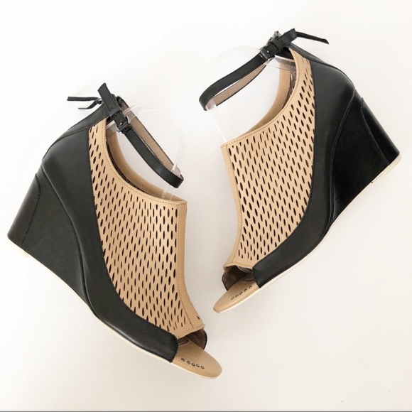 Anthropologie Shoes - Anthropologie Schuler & Sons Leather Peep Toe Laser Cut Ankle Strap Wedges,